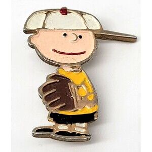 Charlie Brown Baseball Brooch Pin Peanuts UFS Gold Tone Enamel Lapel Vintage